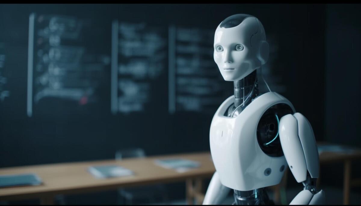 Young adult sitting at futuristic desk working on computer generated by AI