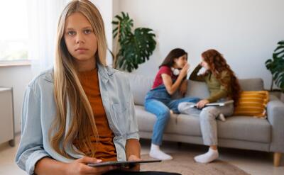 Front view sad girl holding tablet