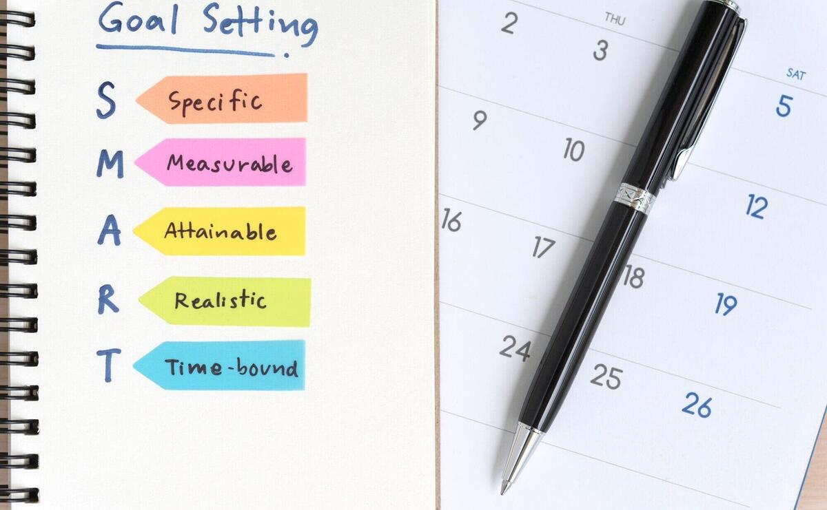 smart goals setting acronyms on the notebook with calendar