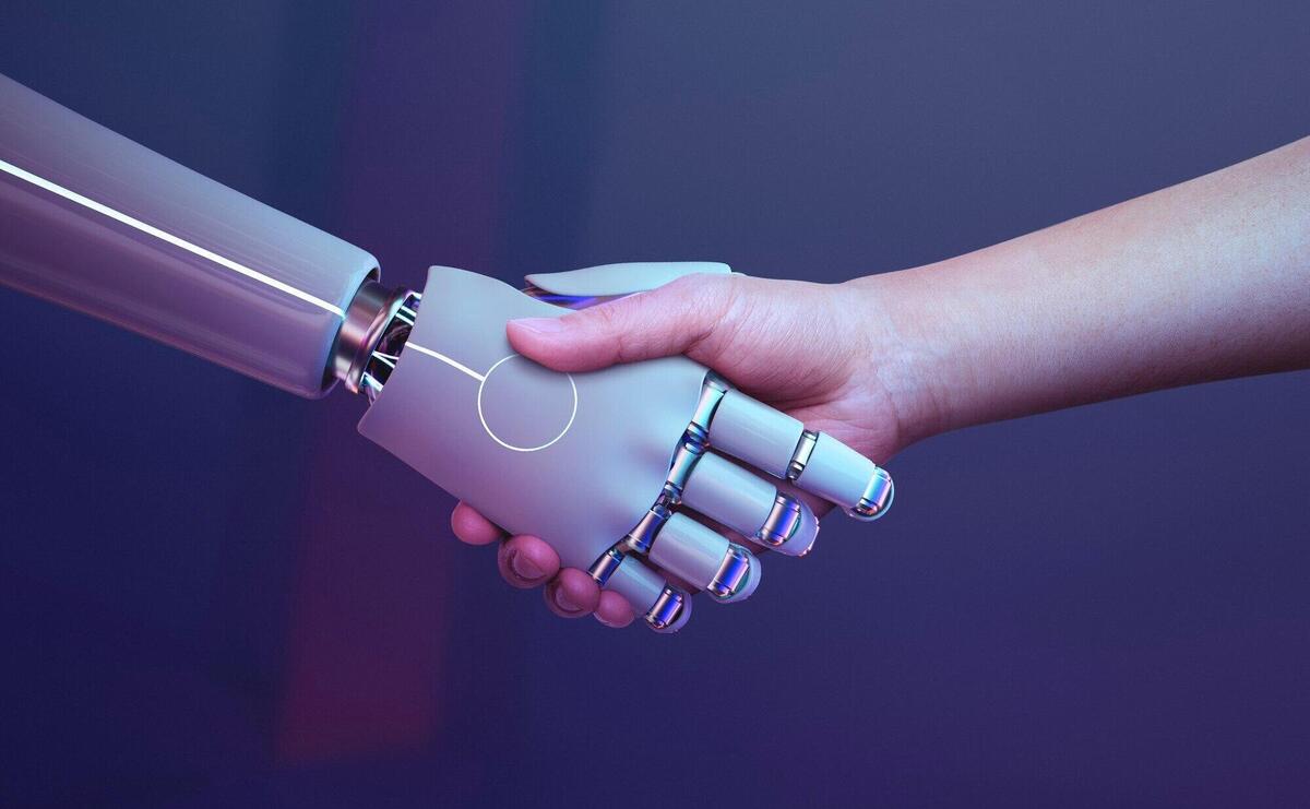 Robot handshake human background, futuristic digital age