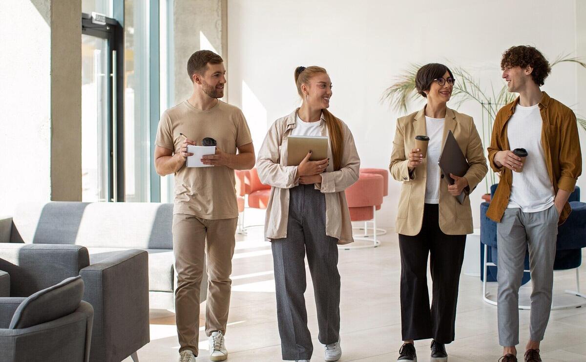 Colleagues with coffee cup full shot