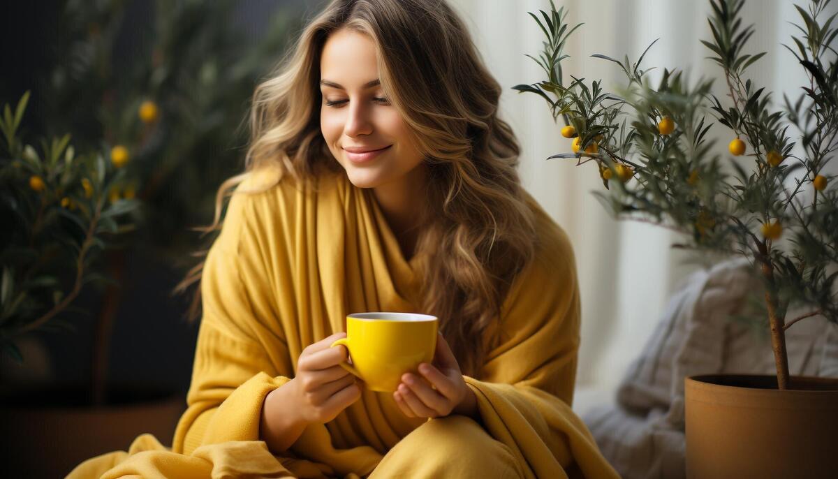 Young woman enjoying a hot drink in cozy living room generated by artificial intelligence