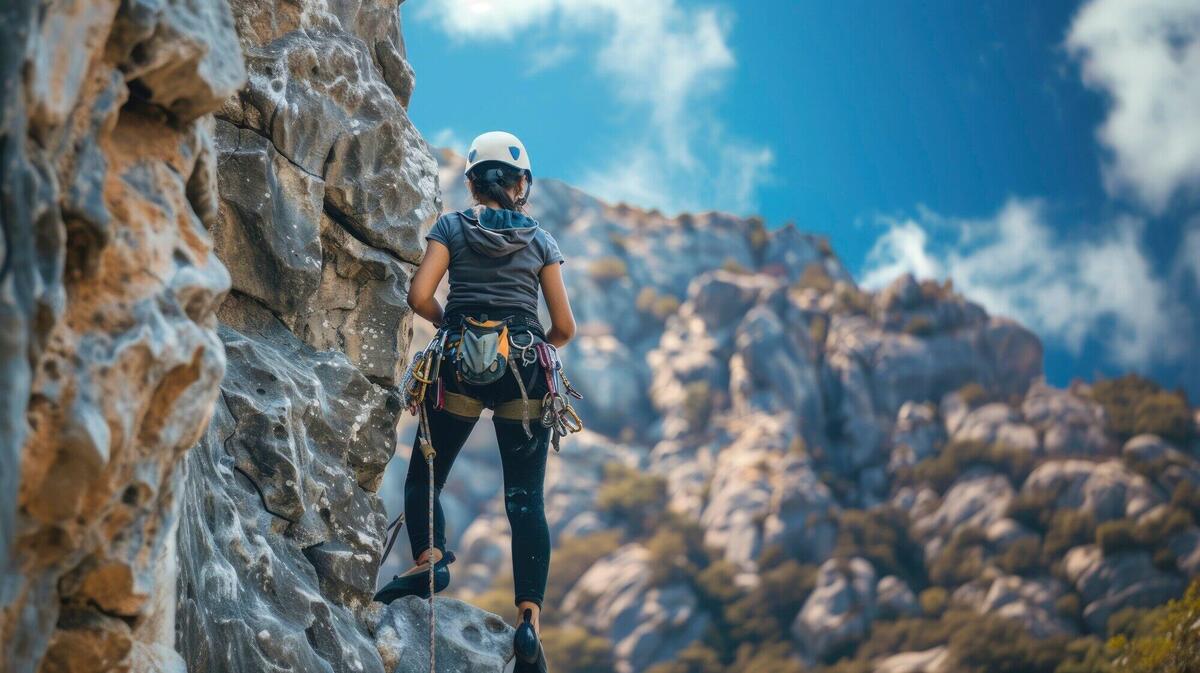 View of young person rock climbing and practicing bouldering training