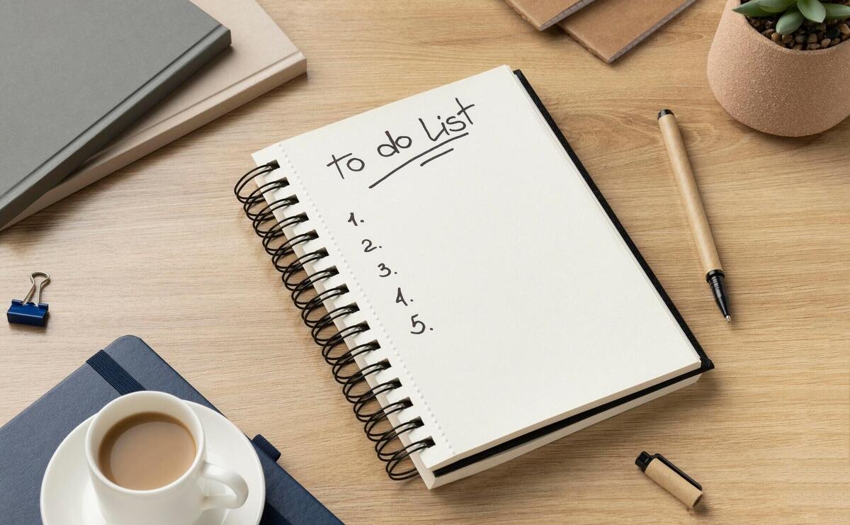 Flat lay notebook with to do list on desk