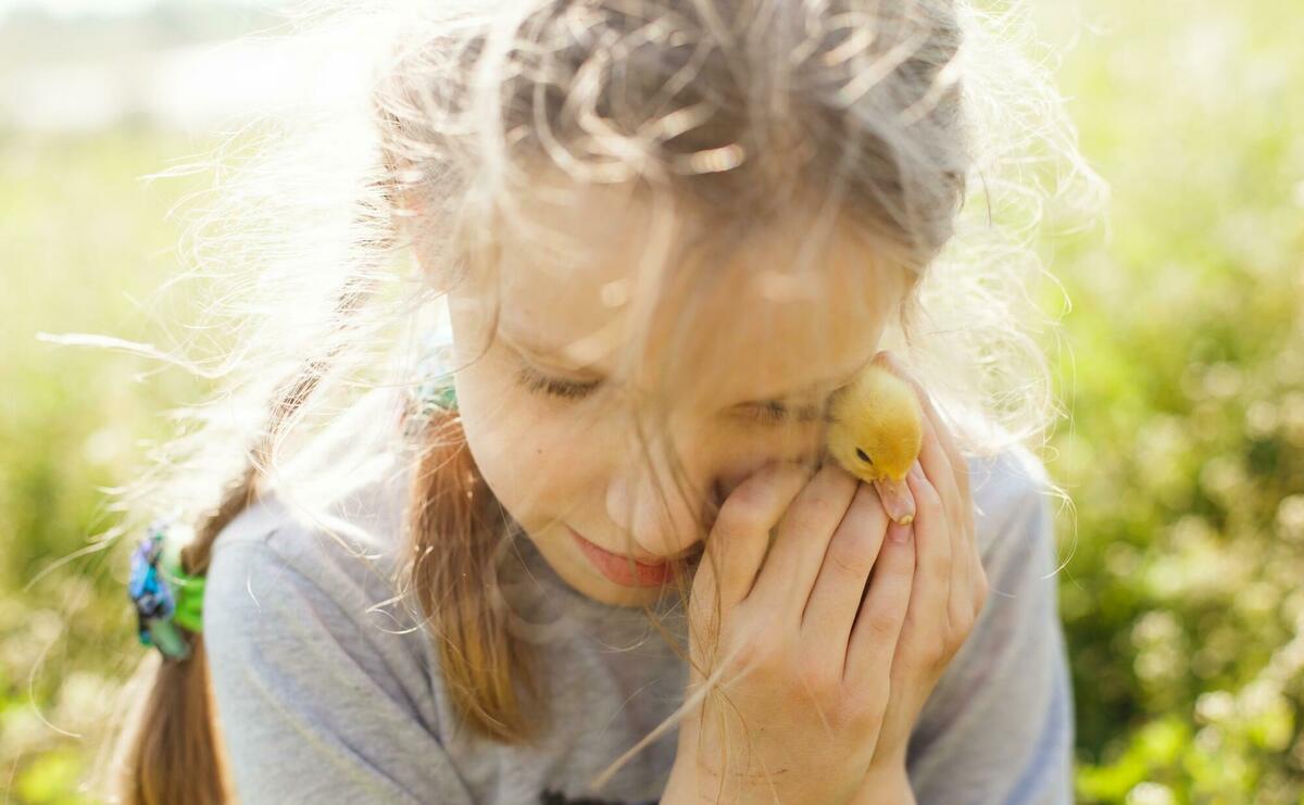 Girl hugging the small duck